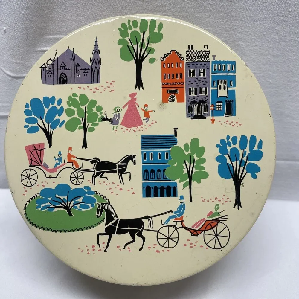 Vintage 1959 BARTON’S Bonbonniere Mid Century Modern Round Candy Tin Colorful EC